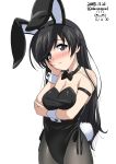  1girl absurdres animal_ears arm_grab armlet artist_logo bangs black_eyes black_hair black_legwear black_leotard black_neckwear blush bow bowtie breast_hold breasts bunny_ears bunny_tail bunnysuit cleavage closed_mouth commentary cowboy_shot dated excel_(shena) fake_animal_ears fake_tail fishnet_pantyhose fishnets frown girls_und_panzer hand_on_own_face head_tilt highleg highleg_leotard highres isuzu_hana leotard lips long_hair looking_at_viewer medium_breasts pantyhose side-tie_leotard simple_background solo standing strapless strapless_leotard tail twitter_username white_background wrist_cuffs 