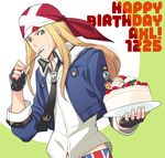  axl_low blonde_hair blue_eyes cake cropped_jacket fingerless_gloves food fork fork_in_mouth gloves guilty_gear happy_birthday koutake_hiroyoshi long_hair male_focus necktie solo 