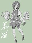  ataru_(cha2batake) bike_shorts black_hair character_name gloves hair_ornament hairclip kantai_collection kuroshio_(kantai_collection) looking_at_viewer monochrome neck_ribbon open_mouth ribbon school_uniform short_hair short_sleeves shorts shorts_under_skirt skirt solo vest wing_collar 