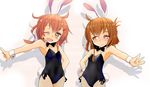  animal_ears blush bow bowtie brown_eyes brown_hair bunny_ears bunny_girl bunny_tail bunnysuit fang folded_ponytail hair_ornament hairclip hand_on_hip ikazuchi_(kantai_collection) inazuma_(kantai_collection) ishikkoro kantai_collection multiple_girls one_eye_closed open_mouth outstretched_arm short_hair smile sweatdrop tail wrist_cuffs 