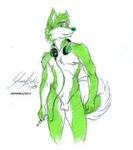  balls bulge canine dj dog fur green_fur headphones hippiewolf husky male mammal music nude penis pose sheath solo 