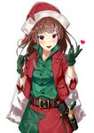  belt brown_hair christmas error gloves green_gloves gun handgun hat heart holster kinugasa_yuuichi long_hair original pink_eyes pistol revolver santa_costume santa_hat smile solo vest weapon 