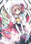  ascot culter dress flandre_scarlet grin hat hat_ribbon highres laevatein looking_at_viewer mob_cap pointy_ears red_dress red_eyes ribbon shirt side_ponytail smile solo touhou wings 