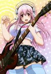  absurdres blush breasts crop_top electric_guitar guitar headphones highres instrument large_breasts long_hair midriff music nail_polish navel nitroplus non-web_source nyantype official_art open_mouth pink_eyes pink_hair playing_instrument plectrum red_eyes scan shiny shiny_skin skindentation skirt solo soniani super_sonico tamura_masafumi thighhighs wide_hips zettai_ryouiki 