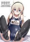  bare_shoulders black_gloves black_legwear blonde_hair blue_eyes cameltoe collarbone earmuffs elbow_gloves feet gloves leaning_back long_hair one-piece_swimsuit original pov_feet school_swimsuit soles solo spread_legs sweat swimsuit thighhighs wk_(low-f) 