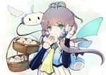  absurdres ahoge bamboo_steamer baozi bare_shoulders benghuai_7 bucket cravat food green_eyes hair_ornament hair_rings headphones highres long_hair long_sleeves looking_at_viewer luo_tianyi monster ribbon simple_background solid_oval_eyes solo tareme tian_dian twintails vocaloid vocanese wings 
