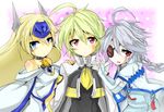  ahoge blazblue blonde_hair blue_eyes bodysuit cape eyepatch lambda-11 mu-12 multiple_girls nu-13 red_eyes shiodzuke silver_hair 