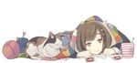  animal_hood blanket brown_eyes brown_hair cat cat_hood cup hagihara_asami hair_ornament hairpin hood knitting_needle lying needle original smile solo yarn yarn_ball 