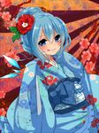  :q alternate_costume alternate_hairstyle bad_id bad_pixiv_id blue_eyes blue_hair blush cirno flower hair_flower hair_ornament highres japanese_clothes looking_at_viewer negiko short_hair solo tongue tongue_out touhou wings 