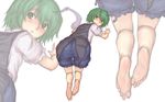  all_fours antennae ass barefoot blush cape green_eyes green_hair highres kuro_suto_sukii looking_at_viewer looking_back shirt short_sleeves shorts simple_background solo touhou white_background wriggle_nightbug zoom_layer 