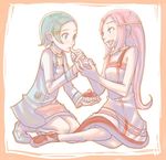  anemone_(eureka_seven) aqua_hair cake dress eureka eureka_seven eureka_seven_(series) feeding food food_on_face full_body hair_ornament hairclip licking long_hair looking_at_another mao_(daiou) multiple_girls pink_hair short_hair sitting smile squatting very_long_hair 