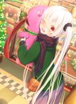  1girl ;d abo_(kawatasyunnnosukesabu) bag bangs black_scrunchie blue_scarf blush christmas christmas_ornaments christmas_tree clothes commentary_request display_case flower green_coat hair_ornament hair_scrunchie highres holding_stuffed_toy long_hair long_sleeves long_tongue looking_at_viewer mall mannequin one_eye_closed open_mouth original plaid plaid_scarf poinsettia red_eyes revision scarf scrunchie shoulder_bag skirt sleeves_past_wrists smile solo striped_nails tongue tongue_out very_long_hair white_hair 