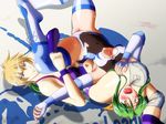  2girls asphyxiation bare_shoulders blonde_hair blue_eyes blush boots breasts choking cleavage covered_nipples erect_nipples fingerless_gloves gloves green_hair hair_ribbon knee_pads leotard long_hair multiple_girls nastassja_han nipple_slip nipples noppo-san open_mouth ponytail ribbon sakurai_chisato saliva short_hair smile submission sweat tears tongue tongue_out wrestle_angels wrestling wrestling_outfit wrestling_ring wristband yellow_eyes 