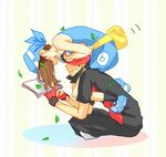  1girl bandana blush book brown_hair carrying closed_eyes couple fangs gloves happy haruka_(pokemon) hat hetero indian_style odamaki_sapphire pokemon pokemon_(game) pokemon_special ruby_(pokemon) shoulder_carry sitting smile yusura_(misayohi) 