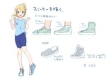  ayase_eli bad_id bad_pixiv_id bike_shorts blonde_hair blue_eyes blush clothes_writing long_hair looking_at_viewer love_live! love_live!_school_idol_project no_socks open_mouth ponytail shirt shoes smile sneakers solo t-shirt tank_top translated ume_(plumblossom) 