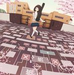  album_cover brown_eyes brown_hair cherry_blossoms commentary cover dutch_angle fence flowchart gate girly_running guitar_case instrument_case kneehighs looking_back original petals running school school_uniform skirt smile solo tree wrist_extended yajirushi_(chanoma) 