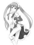  apron ass blush breasts covered_nipples dress dress_lift elf fuji_shinobu greyscale kneehighs long_hair maid maid_headdress monochrome myucel_foalan no_panties outbreak_company pointy_ears single_kneehigh small_breasts smile solo twintails 