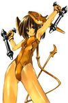  armpits arms_up brown_hair copyright_request leotard looking_at_viewer lowres nagi_ryou orange_leotard pantyhose short_hair smile solo tonfa weapon 