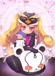  animal_hat bird black_gloves black_legwear blonde_hair blush elbow_gloves gloves hat highres long_hair looking_at_viewer mawaru_penguindrum penguin princess_of_the_crystal purple_eyes sankuma smile solo takakura_himari thighhighs 