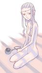  copyright_request flat_chest full_body long_hair looking_at_viewer mao_(daiou) nipples nude pointy_ears red_eyes seiza silver_hair sitting skinny solo tiara 