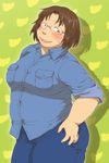  blush breasts brown_eyes brown_hair embarrassed fat genshiken glasses large_breasts looking_at_viewer open_mouth pomodori shirt short_hair smile solo sweatdrop yajima_mirei 