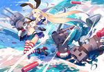  &gt;_&lt; blonde_hair blue_eyes closed_eyes elbow_gloves gloves hairband highleg highleg_panties kantai_collection lifebuoy long_hair navel ocean panties rensouhou-chan samail shimakaze_(kantai_collection) skirt striped striped_legwear thighhighs torpedo underwear very_long_hair water white_gloves 