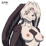  breasts bust female fur looking_at_viewer nipples nude plain_background red_eyes solo white_background zenmigawa 