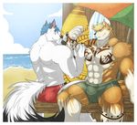  anthro beach biceps big_muscles big_tail black_fur black_nose blonde_hair blue_eyes blue_hair brown_fur brown_nose bulge canine clothing dog flexing fur gay grin hair male mammal muscles necklace nipples pawpads paws pecs pose rikitsu sand sea seaside shorts sitting smile swimsuit tan_fur tattoo teeth toned topless umbrella water white_fur 