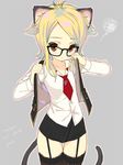  animal_ears blonde_hair brown_eyes cat_ears cat_tail elin_(tera) emily_(pure_dream) garter_straps glasses short_hair solo tail tera_online thighhighs 