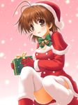  :d antenna_hair aoi_akua box brown_eyes brown_hair christmas clannad furukawa_nagisa gift gift_box gloves hat open_mouth panties pantyshot pink_background red_gloves santa_costume santa_hat short_hair smile thighhighs underwear white_legwear 