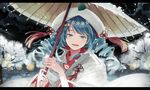 blue_eyes blue_hair hatsune_miku long_hair michi_(iawei) snow tree twintails umbrella vocaloid winter 