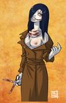  beckoning black_hair blood breast_slip breasts dalehan face_mask glasgow_smile grin hair_over_eyes kuchisake-onna lips long_hair mask mask_removed medium_breasts nipples no_bra one_breast_out original pale_skin rape_face scissors smile solo trench_coat yellow_eyes youkai 