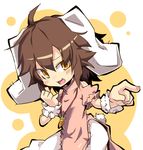  :3 adapted_costume animal_ears brown_hair bunny_ears bunny_tail carrot china_dress chinese_clothes commentary_request dress fang inaba_tewi jewelry looking_at_viewer necktie noya_makoto open_mouth pants pants_under_dress pendant pink_dress pointing puffy_sleeves short_sleeves side_slit smile solo tail touhou wrist_cuffs yellow_eyes 