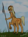  anthro anthrofied blonde_hair centaur cutie_mark equine female freckles friendship_is_magic grass green_eyes hair hat hooves horse looking_at_viewer mammal mane my_little_pony outside polearm pony reinkorn solo spear taur 