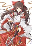  alternate_costume bad_id bad_pixiv_id bow brown_hair cibo_(killy) detached_sleeves hair_bow hair_tubes hakurei_reimu hand_on_hilt japanese_clothes katana long_hair long_sleeves looking_at_viewer miko polearm red_eyes ribbon sash shakujou shirt simple_background skirt smile solo staff sword touhou very_long_hair weapon white_background 