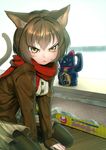  angry animal_ears bad_id bad_pixiv_id black_legwear blush brown_hair cat_ears cat_tail frown highres koyoi_mitsuki koyuki_(character) koyuki_no_okotte_nado_inai!! maneki-neko pantyhose personification scarf short_hair slit_pupils tail tsurime yellow_eyes 