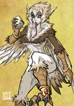  anklet bangle black_sclera bracelet breasts brown_hair dalehan egg feathered_wings feathers harpy jewelry long_tongue monster_girl original short_hair talons tongue tongue_out underboob wings yellow_eyes 