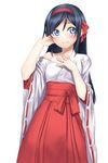  aragaki_ayase black_hair blue_eyes hakama hand_on_own_chest highres japanese_clothes kyougoku_touya light_smile long_hair miko off_shoulder ore_no_imouto_ga_konna_ni_kawaii_wake_ga_nai red_hakama ribbon-trimmed_sleeves ribbon_trim solo 