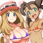  :d armpits bangs bikini blue_eyes blush breasts brown_hair cleavage covered_nipples dark_skin denki_shougun eyewear_on_head eyewear_removed fingernails gradient green_eyes grey_hair hat holding_hands large_breasts light_brown_hair light_smile long_fingernails long_hair looking_at_viewer lowres micro_bikini multiple_girls navel open_mouth orange_bikini outline pink_background pokemon pokemon_(game) pokemon_xy purple_bikini quad_tails red_bikini sana_(pokemon) serena_(pokemon) small_breasts smile sunglasses sweat swept_bangs swimsuit toned upper_body v 