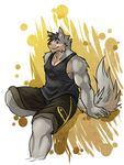  biceps black_nose brown_eyes canine clothing fur grey_fur grin hair looking_at_viewer male mammal muscles pecs pose rikitsu shirt shorts sitting smile solo tan_fur tank_top wolf 