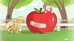  applejack_(mlp) band-aid band_aid bat_pony blonde_hair cutie_mark duo equine eyes_closed fangs female fence feral flutterbat_(mlp) fluttershy_(mlp) friendship_is_magic fruit fur grass hair hi_res horse mammal my_little_pony neko-me open_mouth orange_fur outside pink_hair pony shouting signature tongue tongue_out tree yellow_fur 