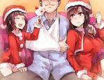  2girls black_hair blush breasts brother_and_sister brown_hair cake closed_eyes commentary_request food fork girl_sandwich giving hat large_breasts long_hair multiple_girls open_mouth original pepe_(jonasan) sandwiched santa_costume santa_hat short_hair siblings sisters sling smile strawberry_shortcake thumbs_up 