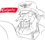 bared_teeth cleft_lip colgate grin hat male_focus matsu-sensei no_pupils peaked_cap product_placement simple_background sketch skull smile solo sparkle street_fighter upper_body vega white_background wings 