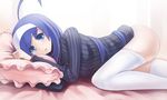  ahoge bed_sheet blue_eyes blue_hair hairband highres hips huge_ahoge long_hair lying naked_sweater no_panties on_side orie_(under_night_in-birth) pillow ribbed_sweater solo sunimu sweater thighhighs turtleneck under_night_in-birth white_legwear 