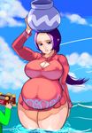  balancing_on_head big_belly blue_sky breasts camera cleavage cleavage_cutout cloud covered_nipples curvy day elazuls-core highres huge_breasts link lips long_hair object_on_head ocean plump pointy_ears ponytail pot pregnant purple_eyes purple_hair sky solo_focus sue-belle the_legend_of_zelda the_legend_of_zelda:_the_wind_waker thick_thighs thighs unaligned_breasts wading 