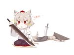  1girl animal_ears bare_shoulders blush bobomaster chibi crossover detached_sleeves faceplant hat inubashiri_momiji planted_sword planted_weapon pyramid_head red_eyes short_hair silent_hill_2 silver_hair simple_background sparkle sword tail tokin_hat touhou weapon white_background wolf_ears wolf_tail 
