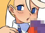  bangs blonde_hair blue_eyes blush call_(mighty_no._9) call_e censored close-up lilirulu long_hair mighty_no._9 mosaic_censoring necktie open_mouth side_ponytail solo work_in_progress 