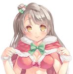  blush bow bra breasts brown_eyes brown_hair capelet cleavage fur_trim hair_bow large_breasts long_hair looking_at_viewer love_live! love_live!_school_idol_project mikage_sekizai minami_kotori one_side_up santa_costume smile solo underwear wristband 