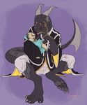  armor baby blanket clothing cuddling cute fangs father hindpaw horn markings parent paws plain_background rahkvi robe shrimps young 