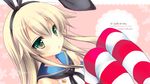  blonde_hair blush copyright_name green_eyes hairband kantai_collection long_hair pout shimakaze_(kantai_collection) solo striped striped_legwear thighhighs toki_ai watermark web_address 